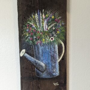 Original Barnwood painting of Watering Can and Flowers