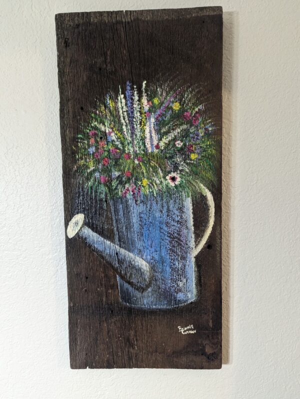Original Barnwood painting of Watering Can and Flowers