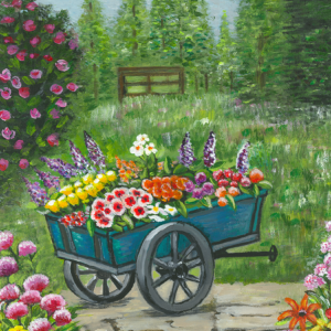 Stretched Canvas print of Wheel barrow in the flower garden